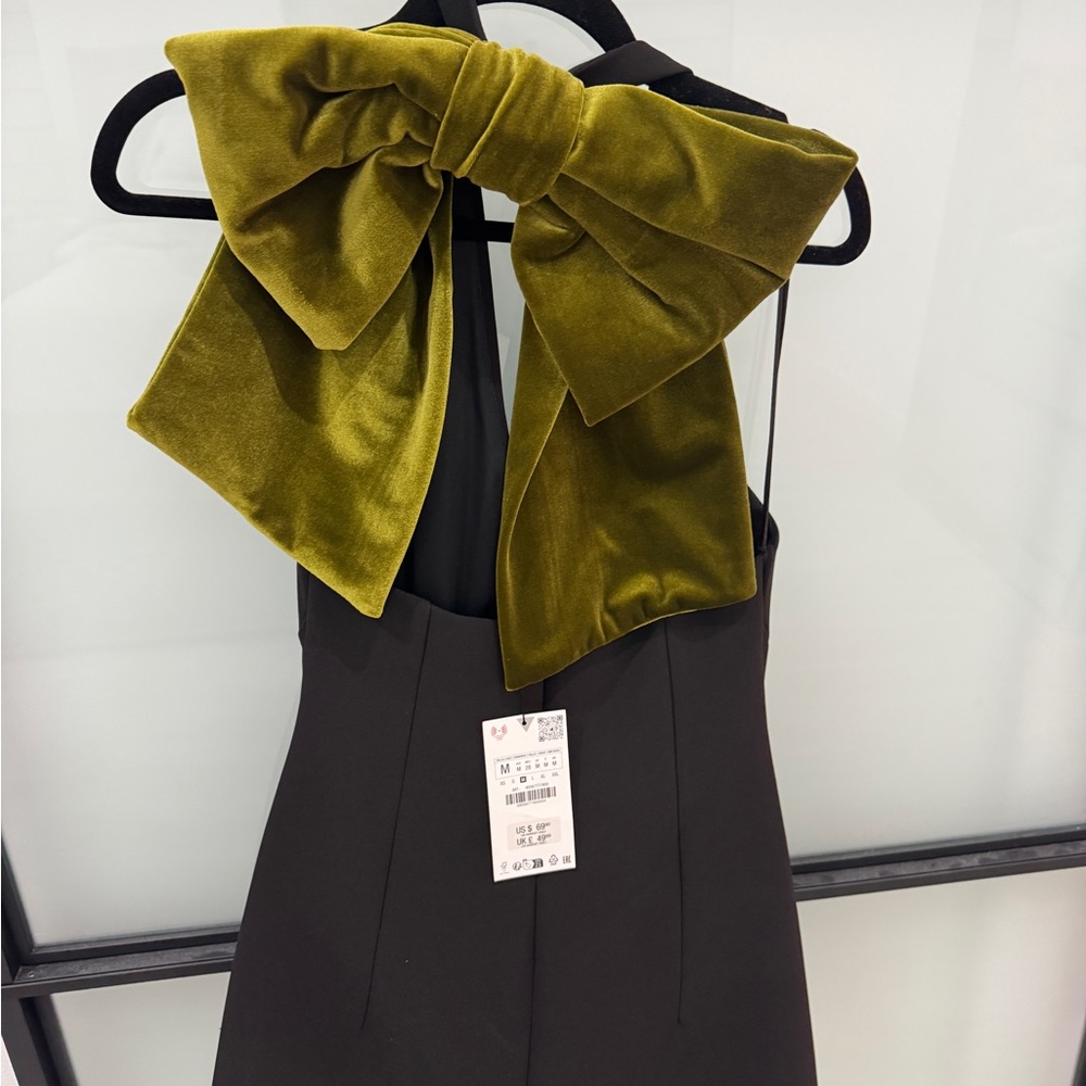 Zara Black Dress with Olive Green Bow